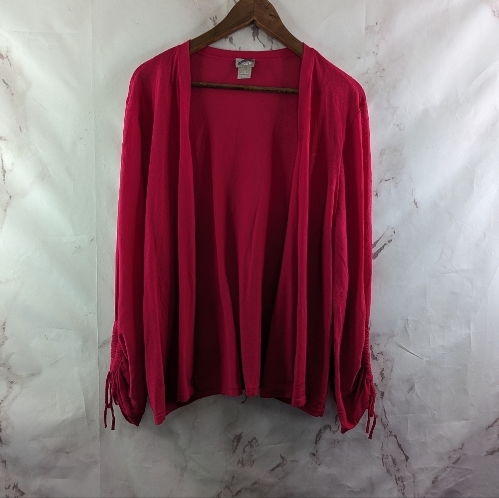 Chicos Cardigan Women 3 XL Hot Pink Sweater Lightweight Bow Tie Sleeve Ruched